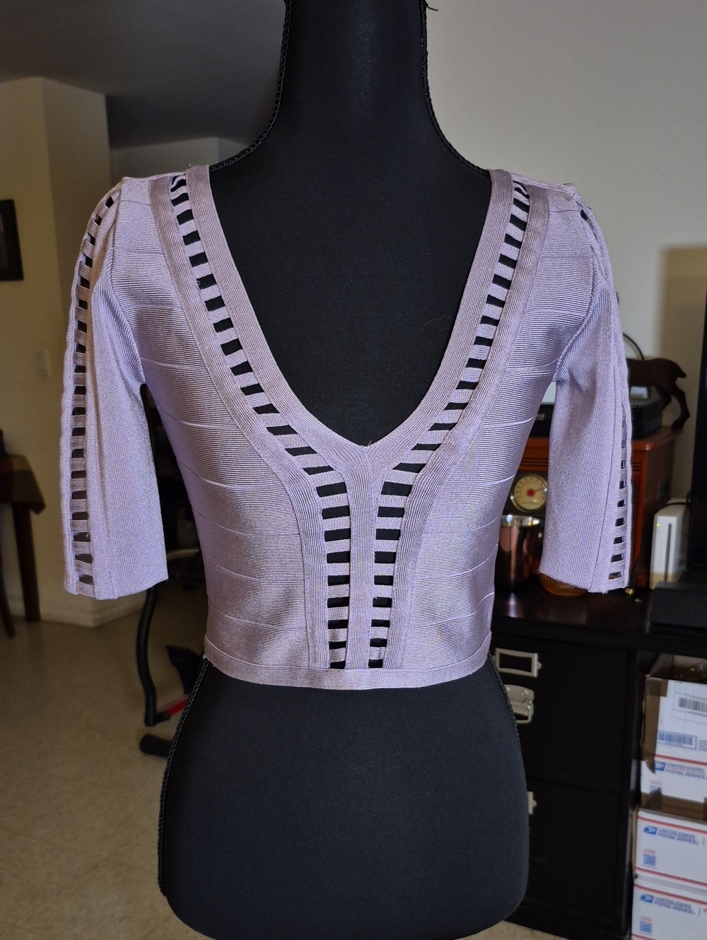 bebe Lilac V-Neck Cropped Knit Top with Open Slits